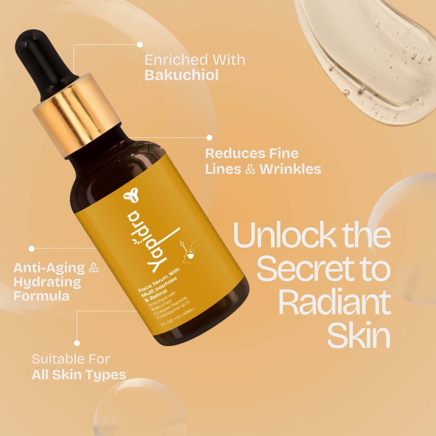 Yapidra Anti-Aging Face Serum with Multi-Peptides & Retinol – Firms & Smooths Skin