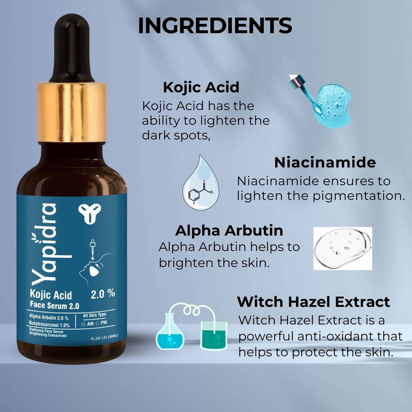 Yapidra Kojic Acid Skin Brightening Serum – Targets Hyperpigmentation & Dark Spots