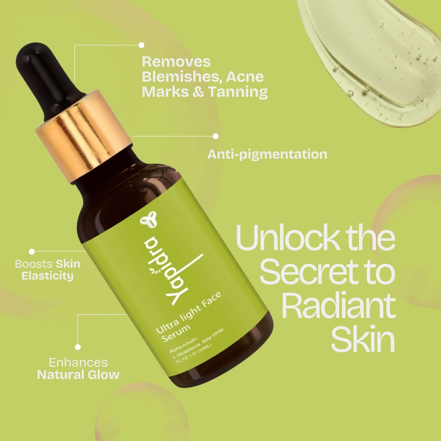 Yapidra Ultra Light Face Serum – Skin Brightening with Alpha Arbutin & Glutathione | 30ml