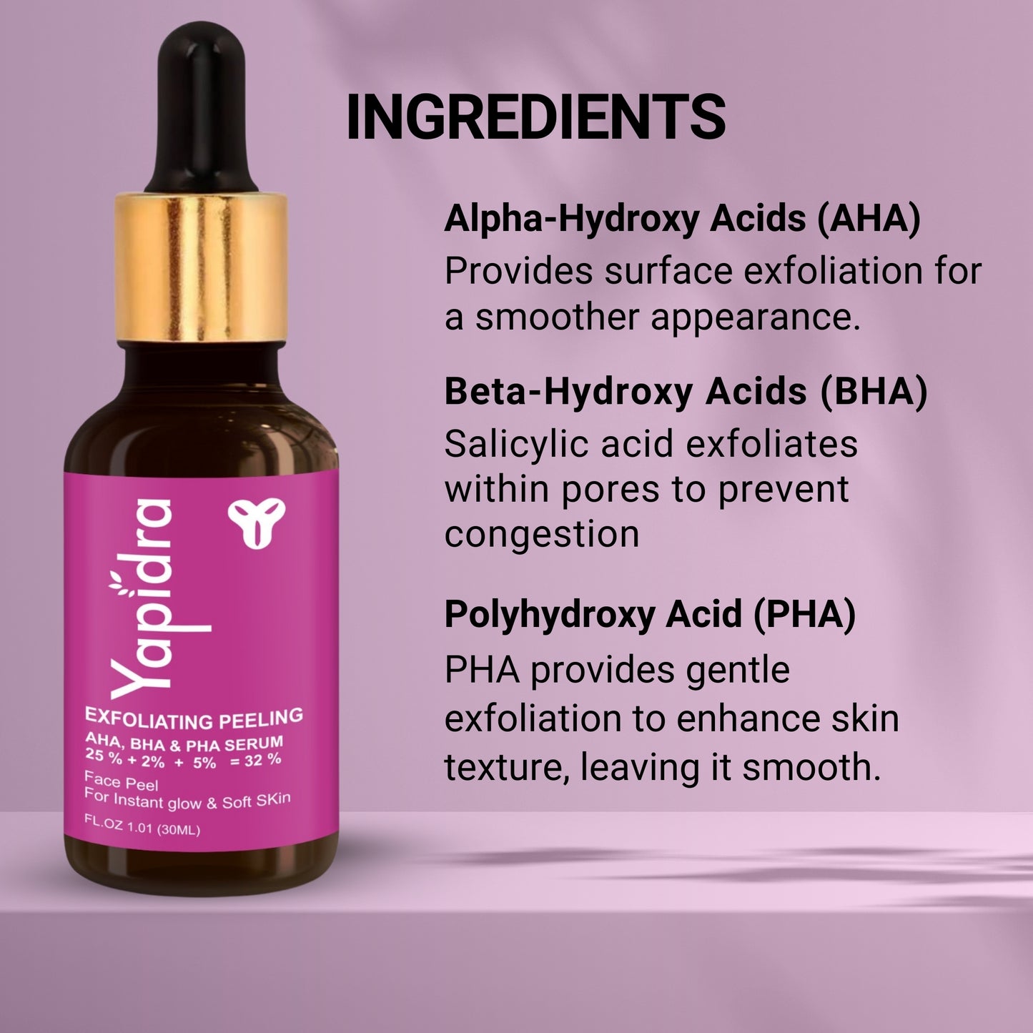 Yapidra Exfoliating Face Serum with AHA/BHA – Unclogs Pores & Renews Skin
