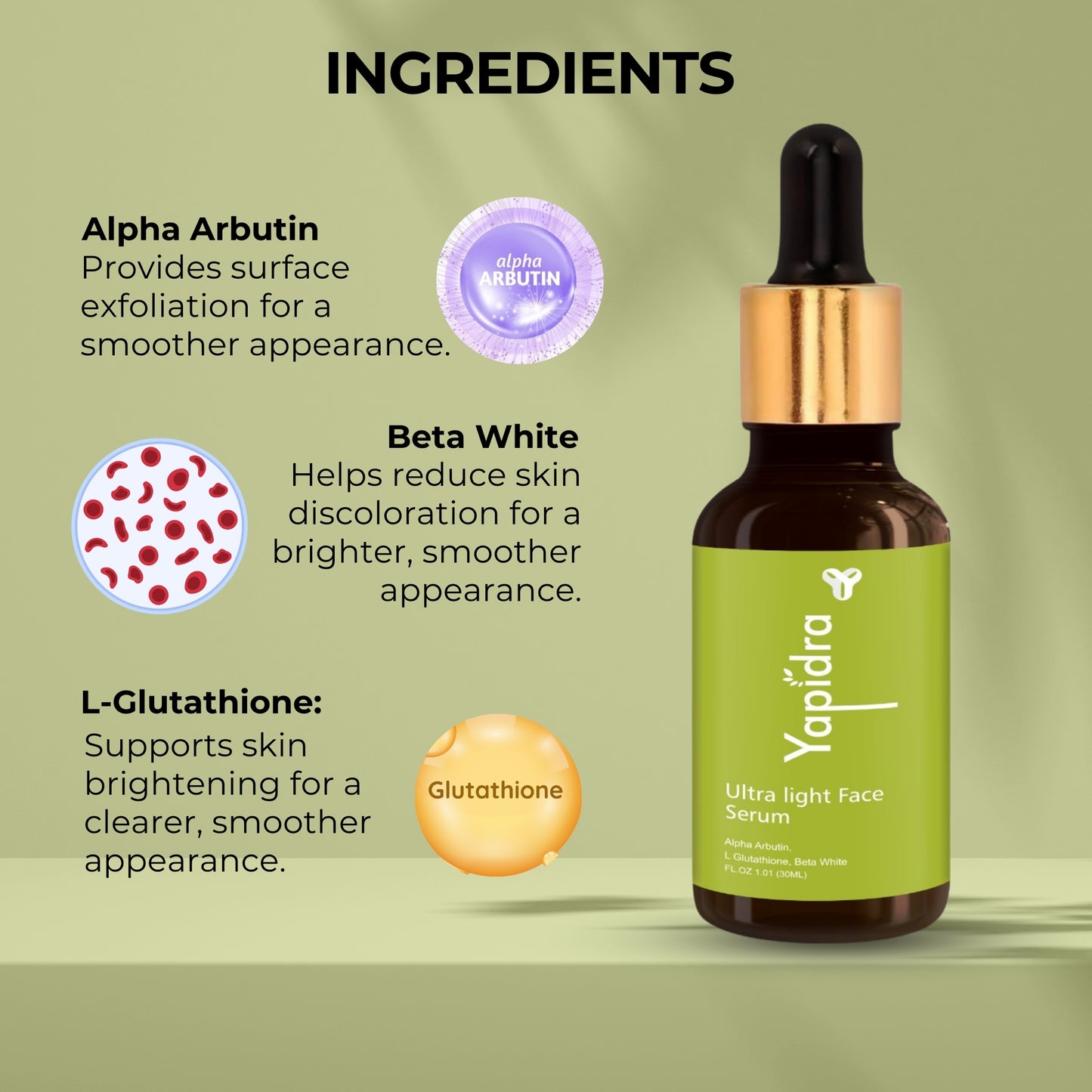 Yapidra Ultra Light Face Serum – Skin Brightening with Alpha Arbutin & Glutathione | 30ml